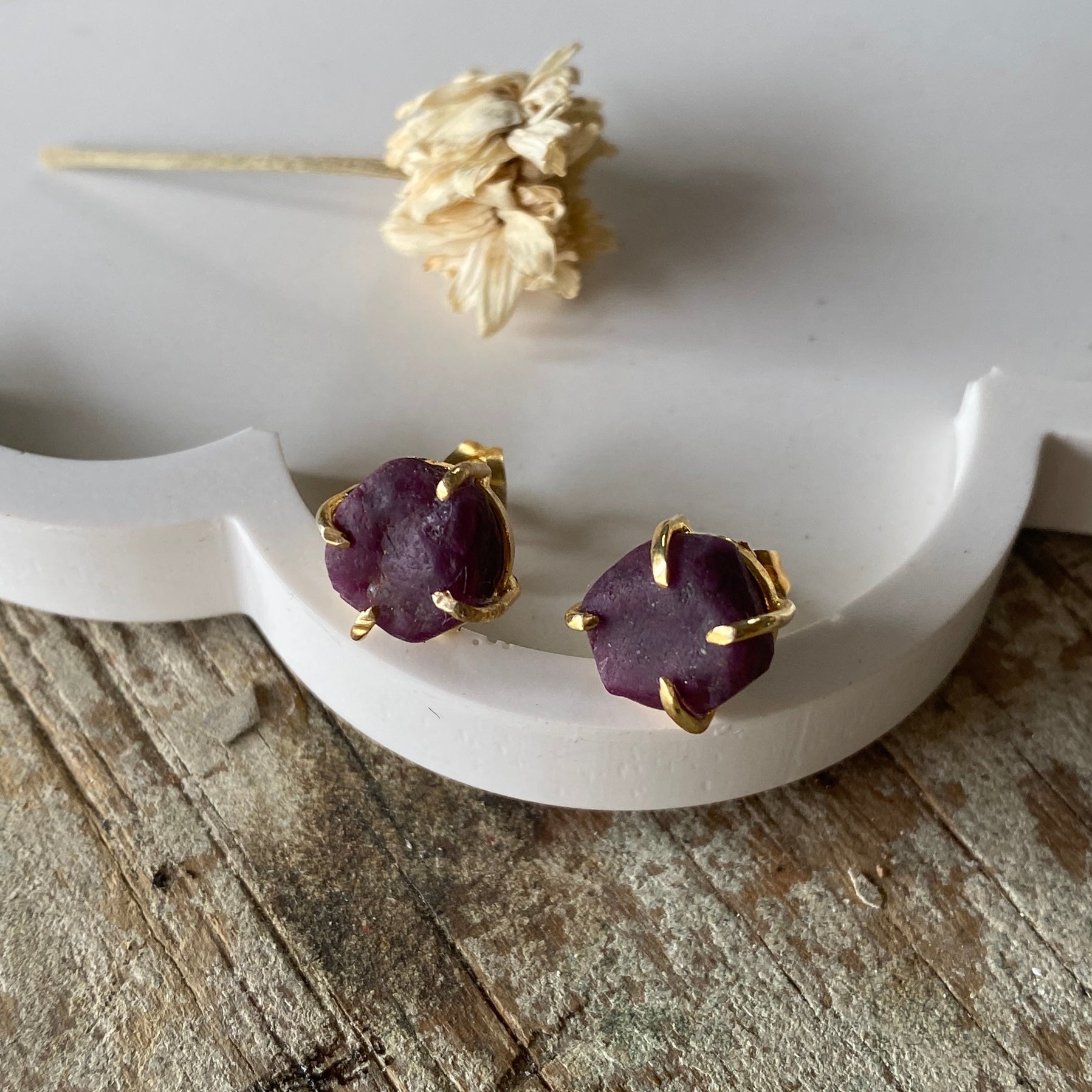 Raw Ruby Gold Studs