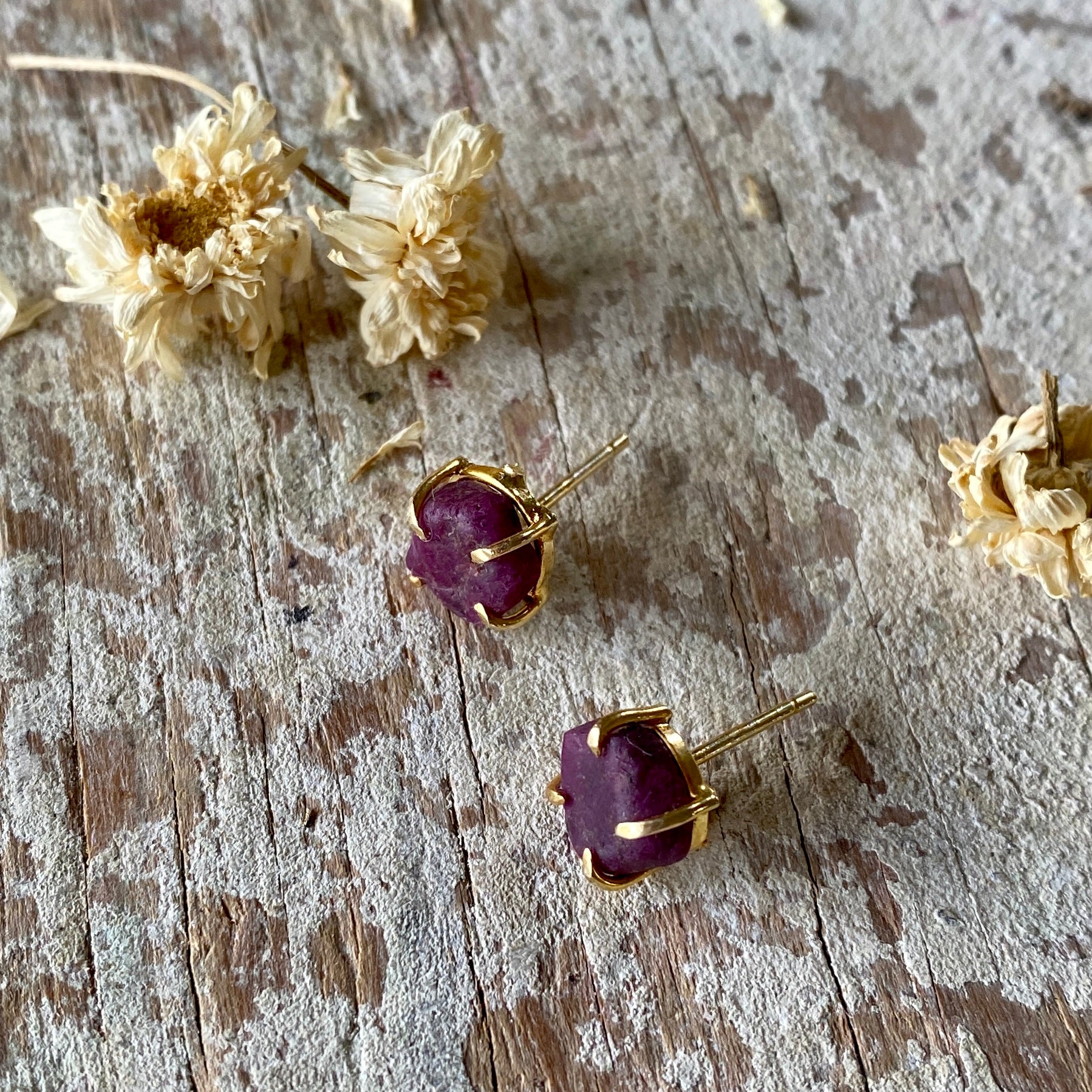 Raw Ruby Gold Studs